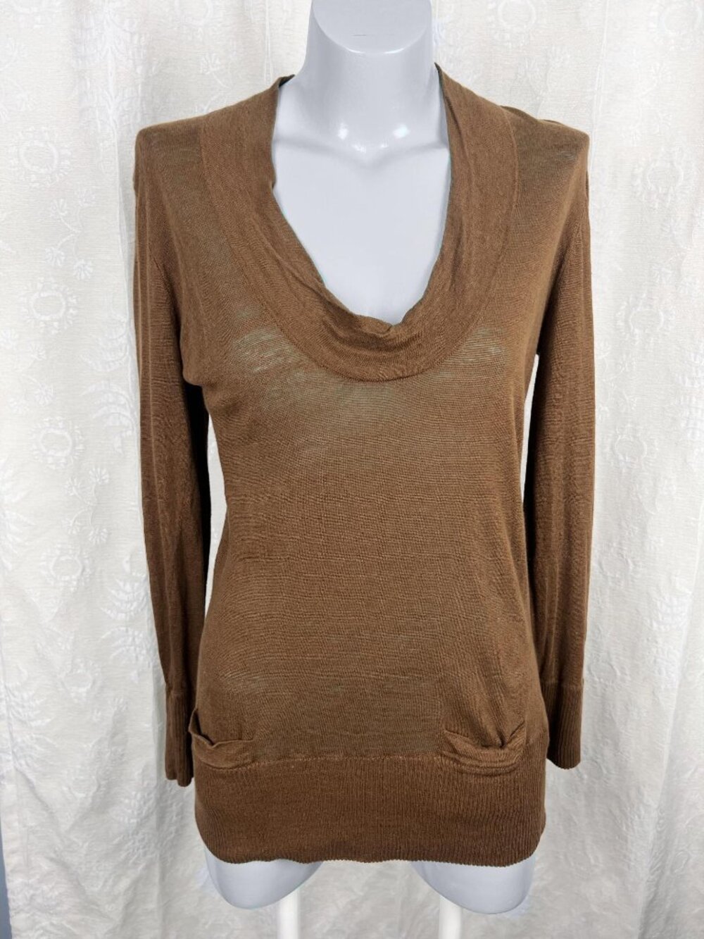 J. Crew slouchy linen sweater longline scoop neck knit pullover brown cowl neck